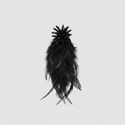 Bold Beaded Starburst Feather Drop Statement Earrings - Black