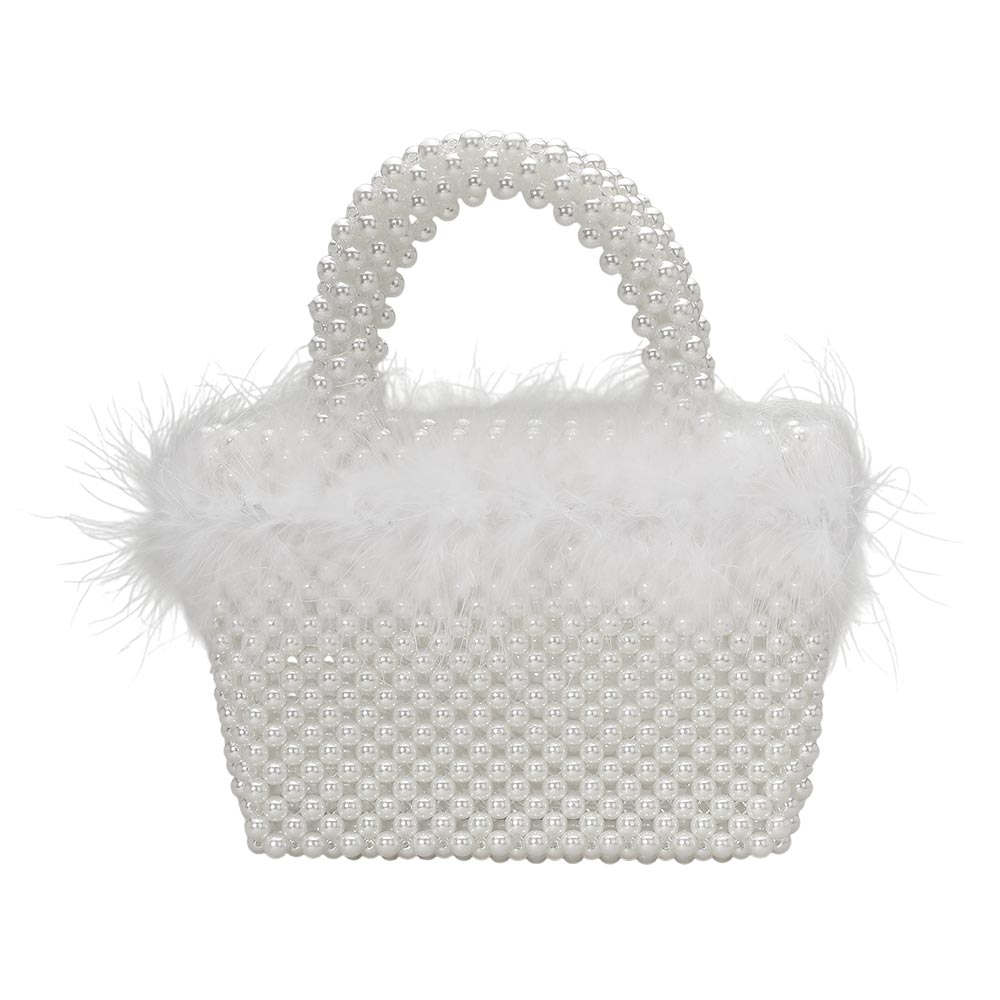 Feather Embellished Open Top Mini Tote/Small Satchel Bag-Rhodium White
