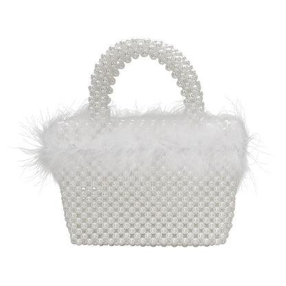 Feather Embellished Open Top Mini Tote/Small Satchel Bag-Rhodium White