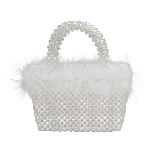 Feather Embellished Open Top Mini Tote/Small Satchel Bag-Rhodium White