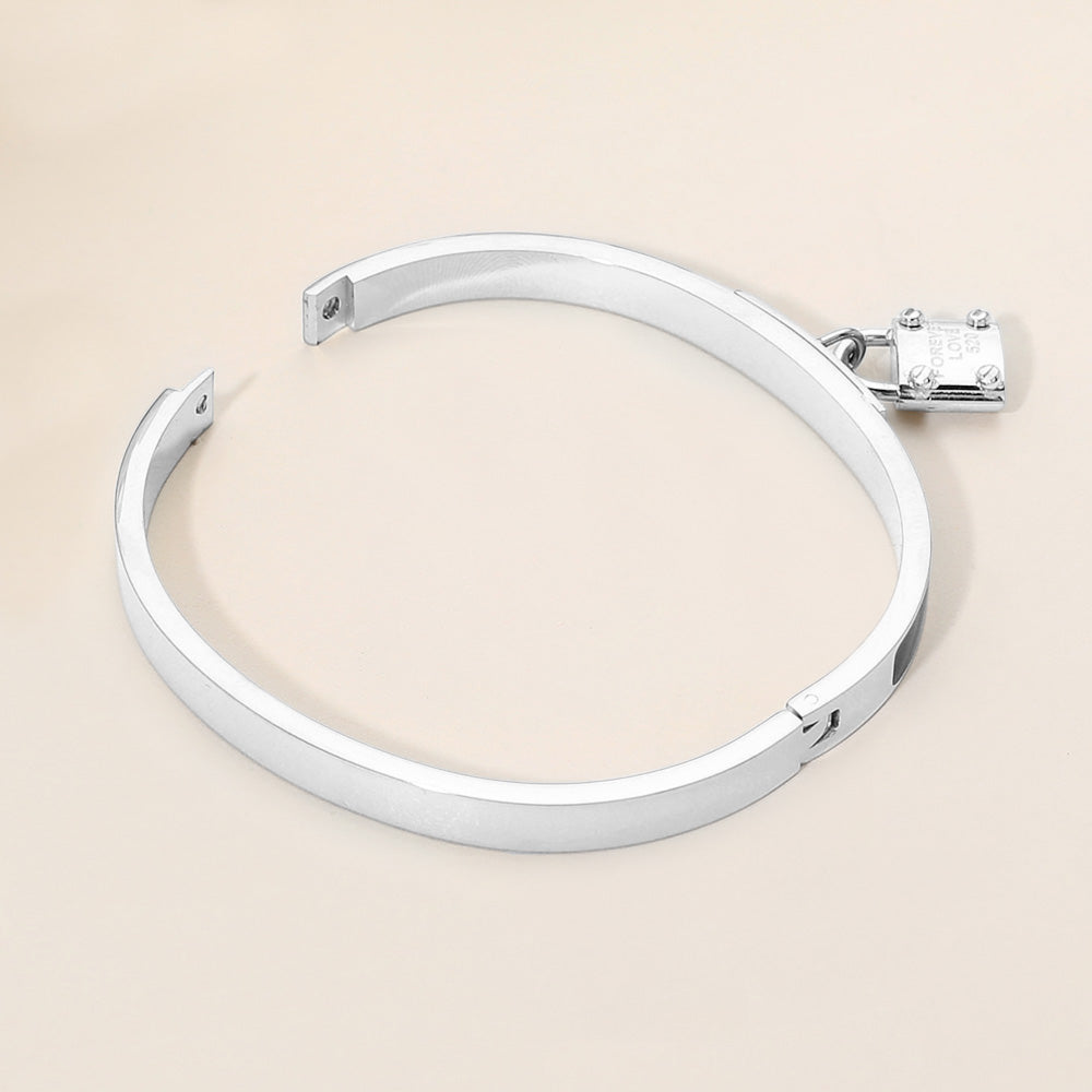 Stainless Steel Lock Charm Enamel Inlay Hinged Bangle Bracelet - Silver