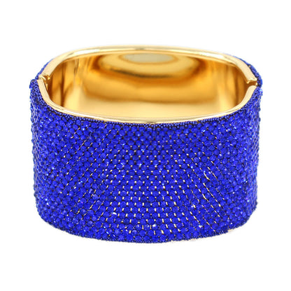 Wide Rhinestone Paved Hinged Evening Bangle Bracelet (Blue & Gold)