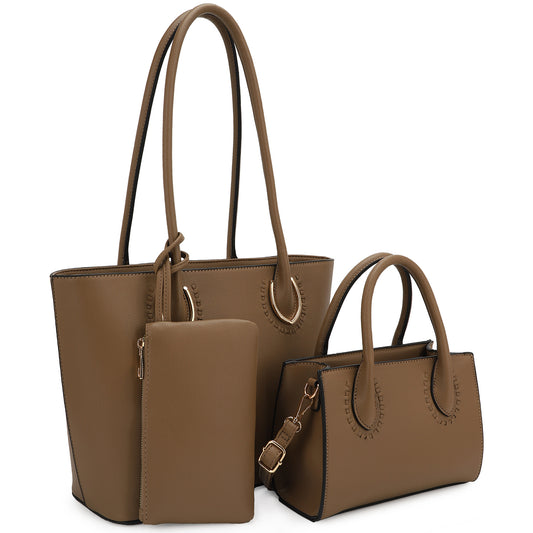 Fashion Top Handle 3-in-1 Shopper/Tote/Shoulder Combo Set-Taupe