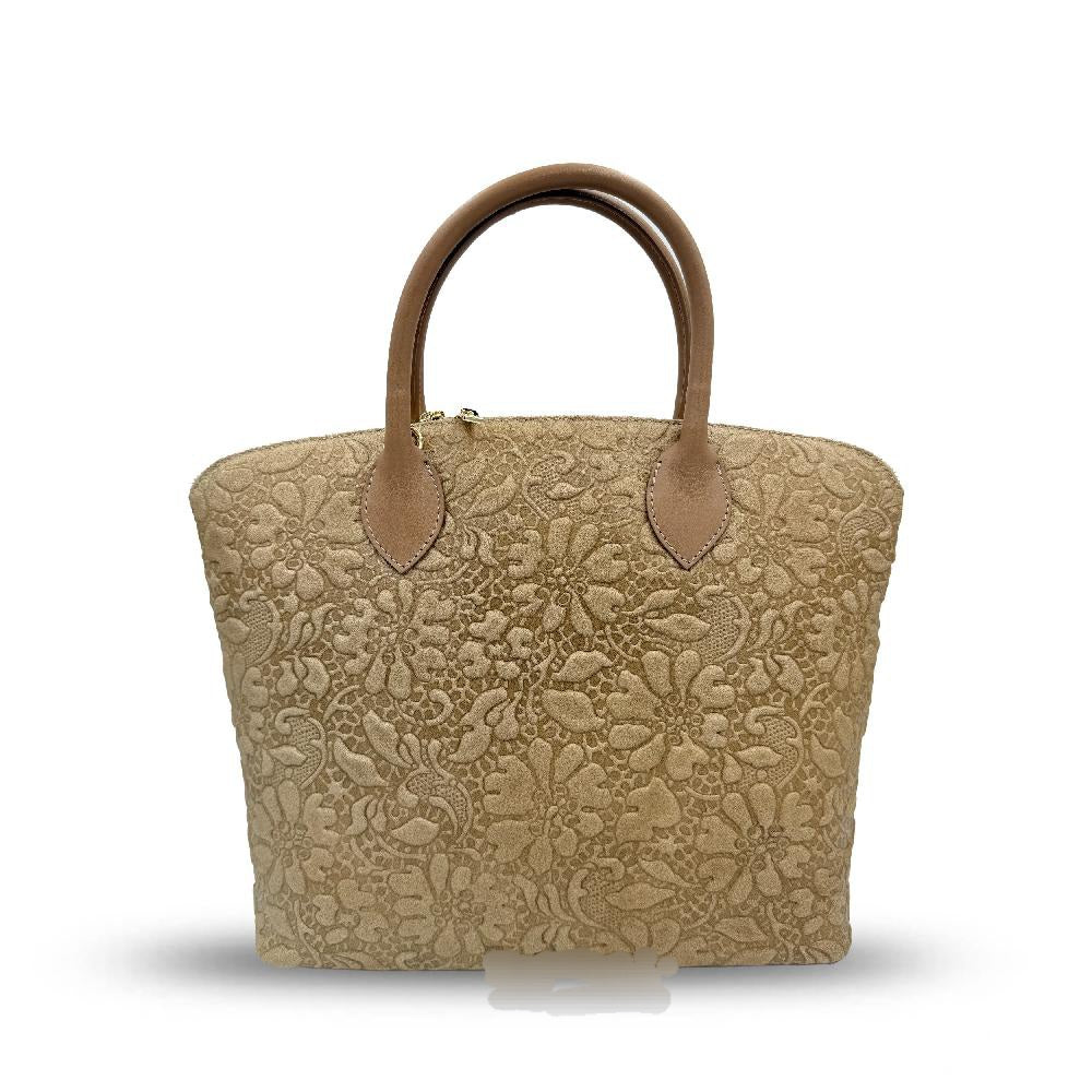 Blossom Elegance Leather Floral Embossed Top Handle Tote / Shoulder Bag - Beige