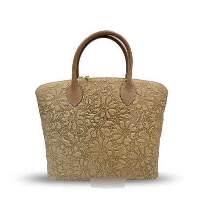 Blossom Elegance Leather Floral Embossed Top Handle Tote / Shoulder Bag - Beige