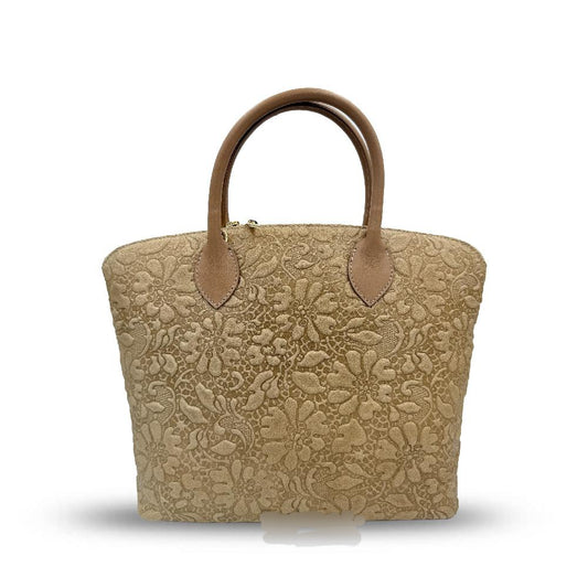 Blossom Elegance Leather Floral Embossed Top Handle Tote / Shoulder Bag - Beige