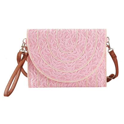 Stitch Detailed Straw Clutch Bag / Crossbody Bag - Pink
