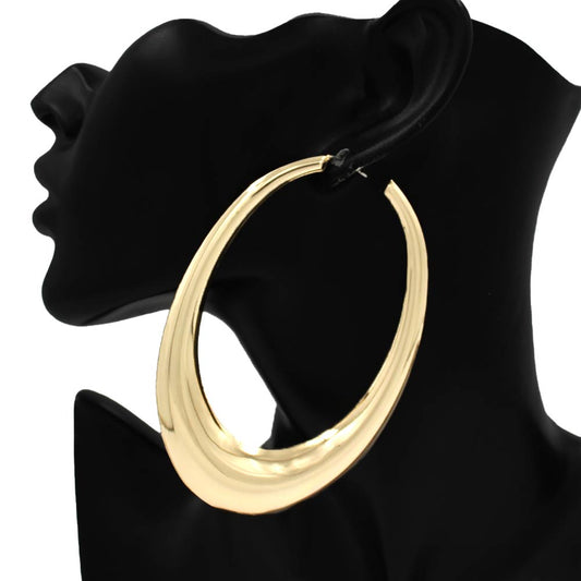 Oversized Metal Sculpted Oval Hoop Earrings - Gold