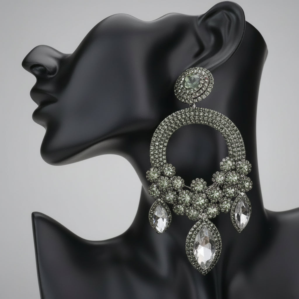 Women’s gold jewelry – marquise triple flower chandelier earrings with black diamond color.