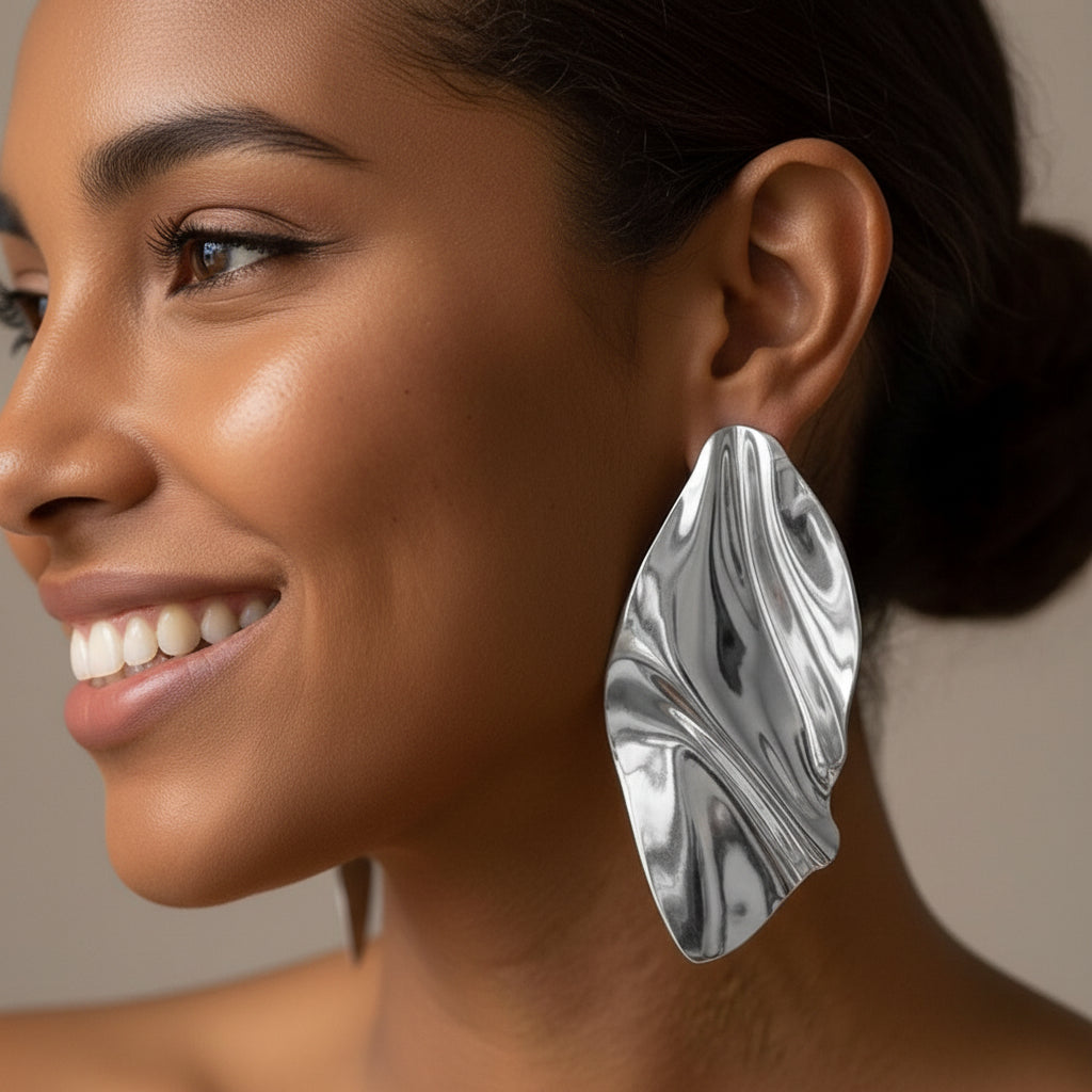 Oversized Sculpted Metal Plate Drop Statement Earrings - Silver