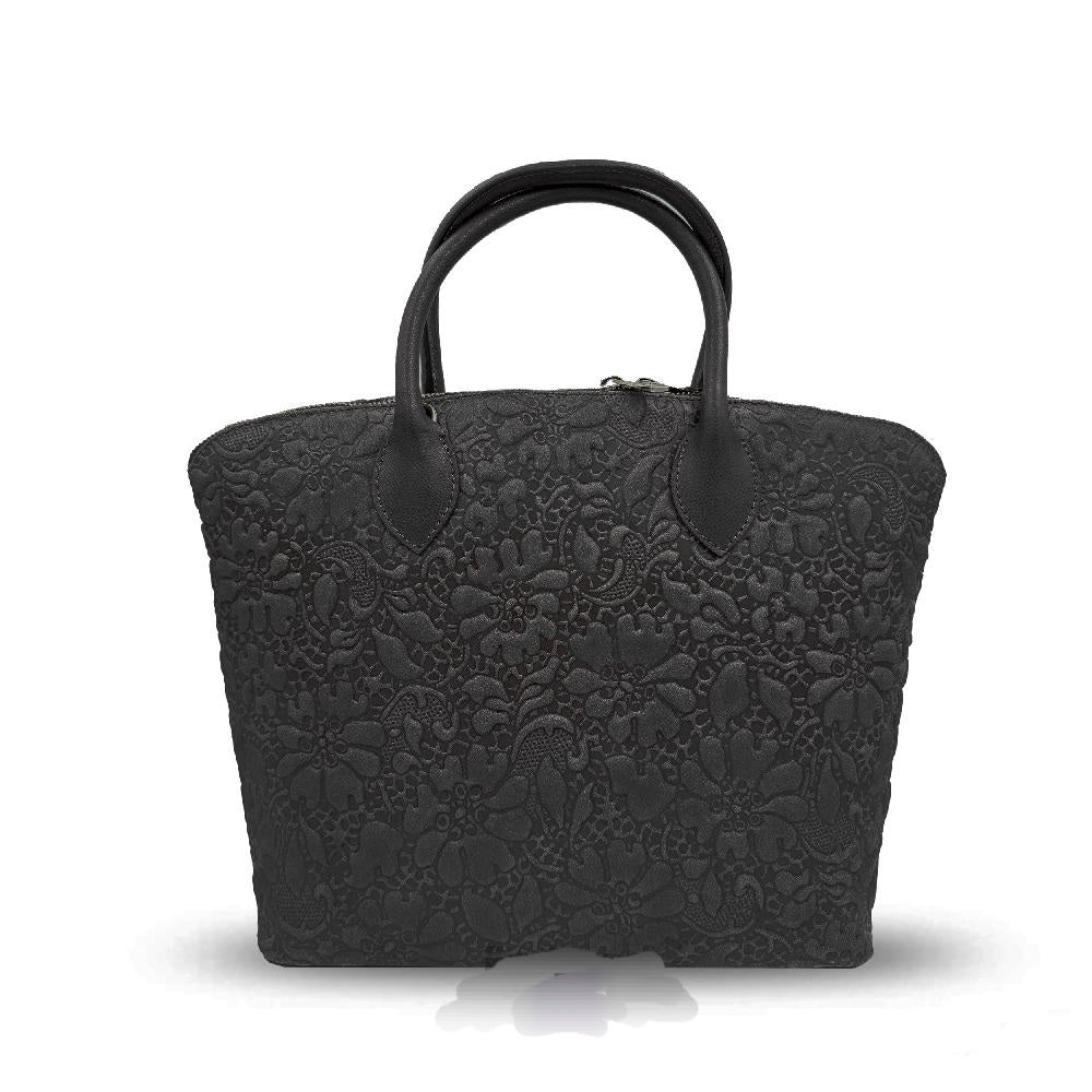 Blossom Elegance Leather Floral Embossed Top Handle Tote / Shoulder Bag - Black
