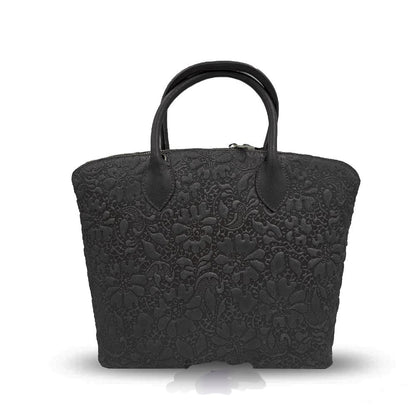 Blossom Elegance Leather Floral Embossed Top Handle Tote / Shoulder Bag - Black