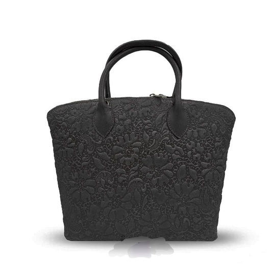 Blossom Elegance Leather Floral Embossed Top Handle Tote / Shoulder Bag - Black
