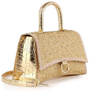 Rhinestone Accented Croc Embossed Hand Tote - Gold