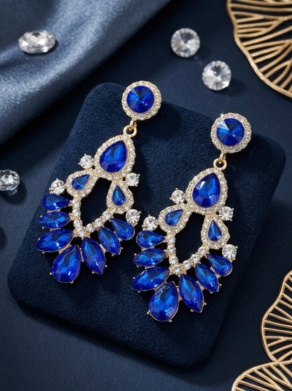 Royal Blue Crystal Marquise Chandelier Statement Earrings