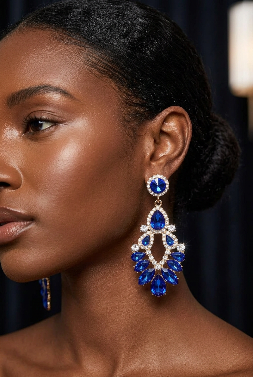 Royal Blue Crystal Marquise Chandelier Statement Earrings