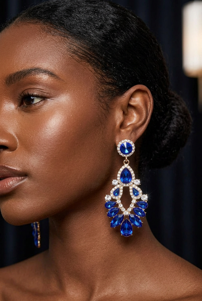 Royal Blue Crystal Marquise Chandelier Statement Earrings