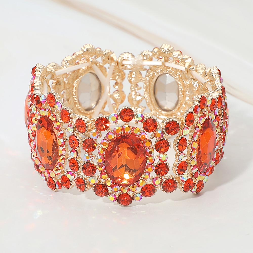 Oval Stone Accented Link Stretch Evening Bracelet - Orange & Gold