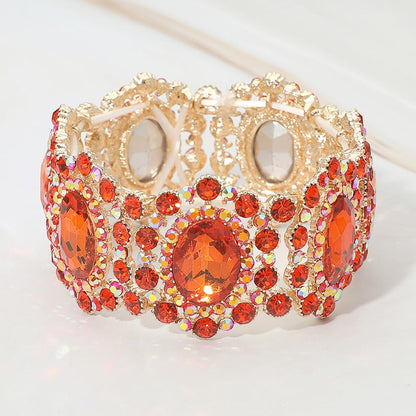 Oval Stone Accented Link Stretch Evening Bracelet - Orange & Gold