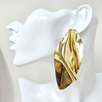 Oversized Sculpted Metal Plate Drop Statement Earrings - Gold
