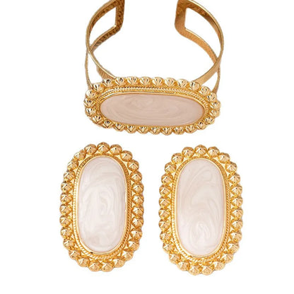 Oval Enamel Earrings and Bracelet Set: White