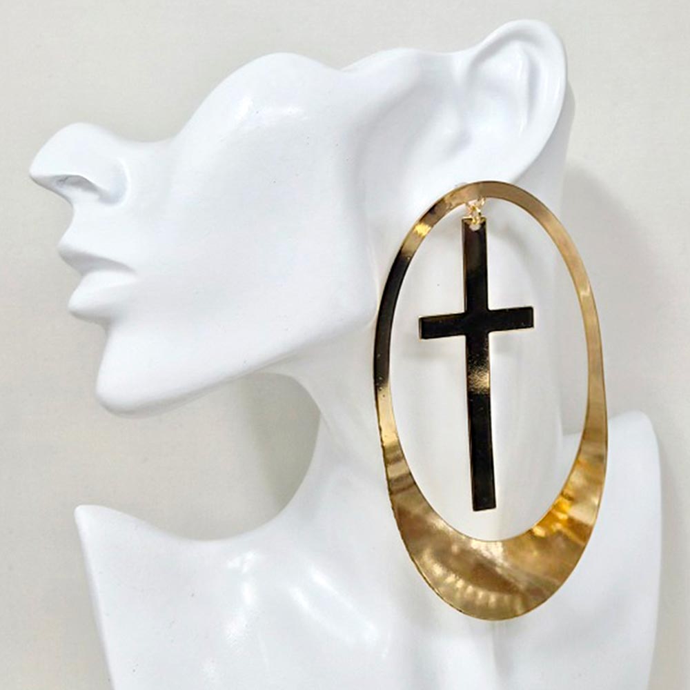 Oversized Cutout Cross Accent Oval Statement Earrings - Gold