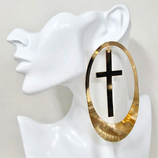 Oversized Cutout Cross Accent Oval Statement Earrings - Gold