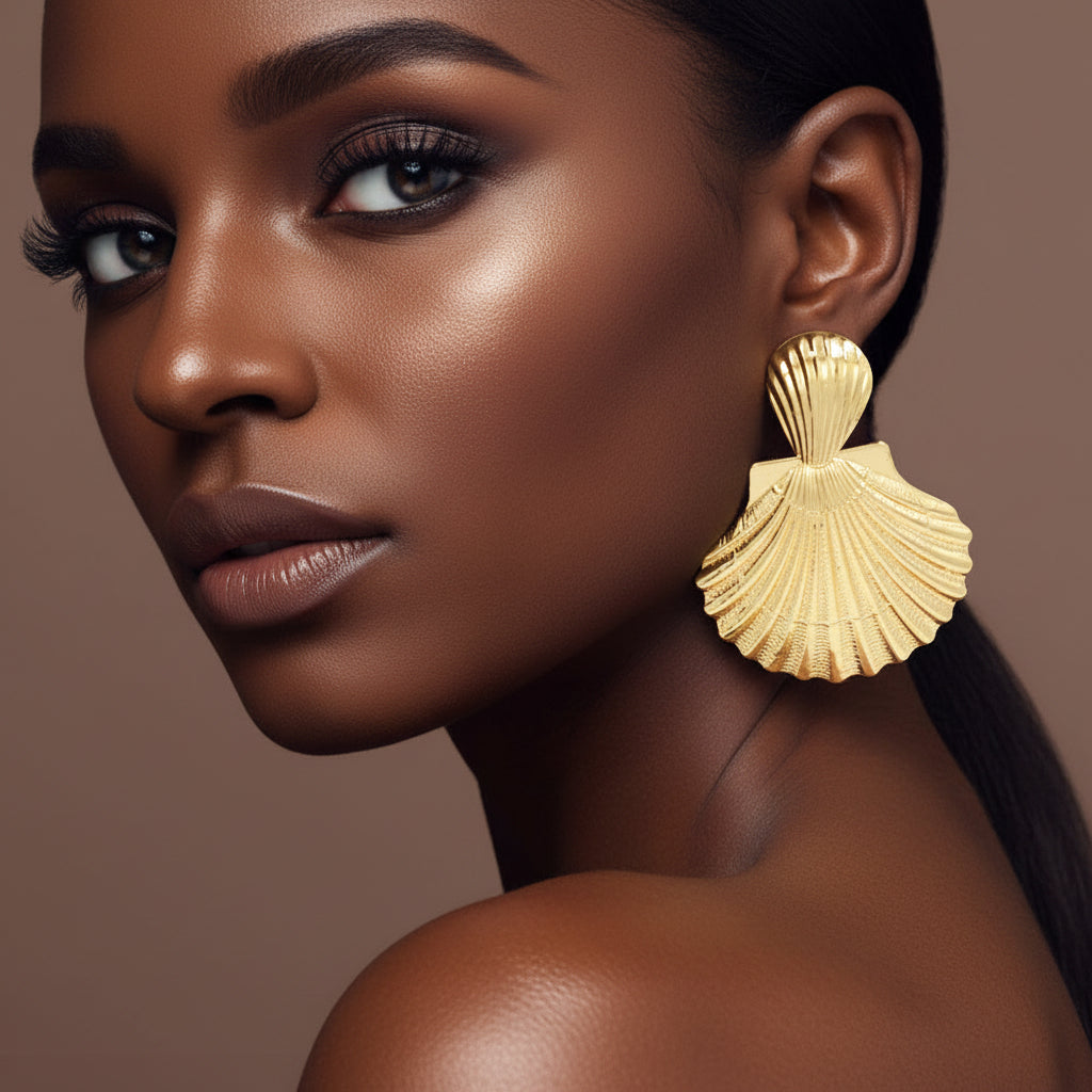 Bold Textured Metal Shell Statement Earrings - Gold