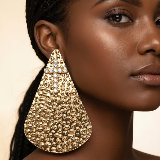 Oversized Bold Textured Teardrop Statement Earrings - Gold