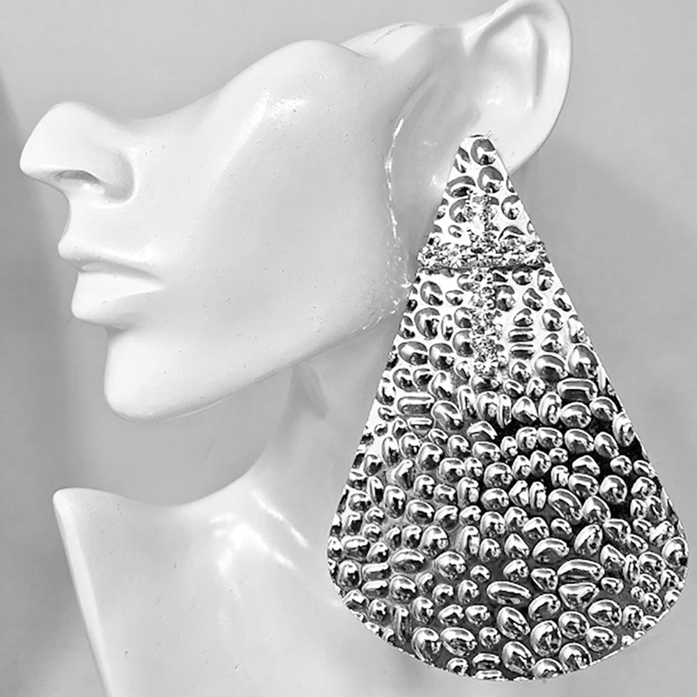 Oversized Bold Textured Teardrop Statement Earrings - Silver