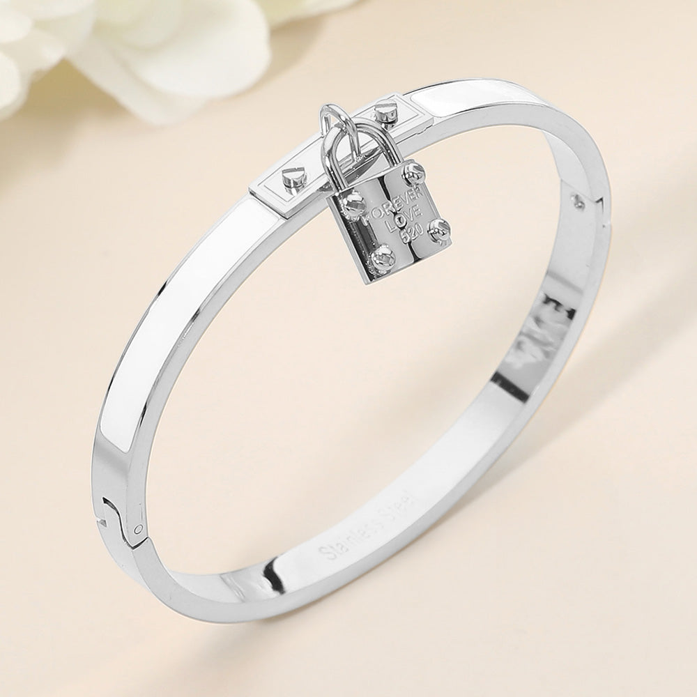 Stainless Steel Lock Charm Enamel Inlay Hinged Bangle Bracelet - Silver