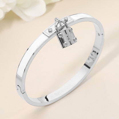 Stainless Steel Lock Charm Enamel Inlay Hinged Bangle Bracelet - Silver