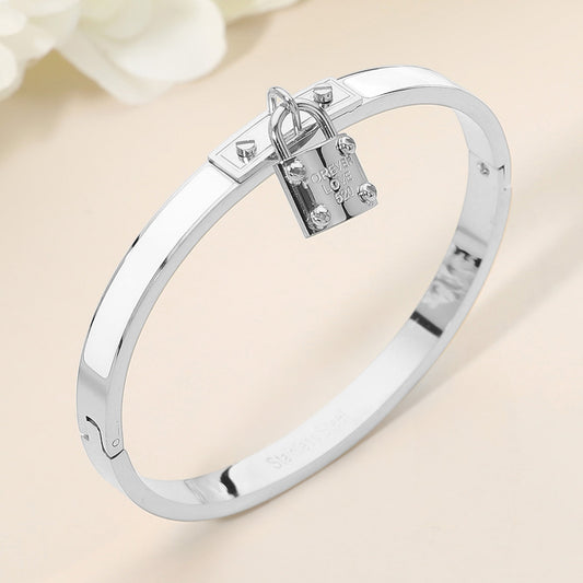 Stainless Steel Lock Charm Enamel Inlay Hinged Bangle Bracelet - Silver