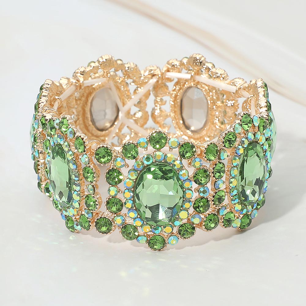Oval Stone Accented Link Stretch Evening Bracelet - Green & Gold