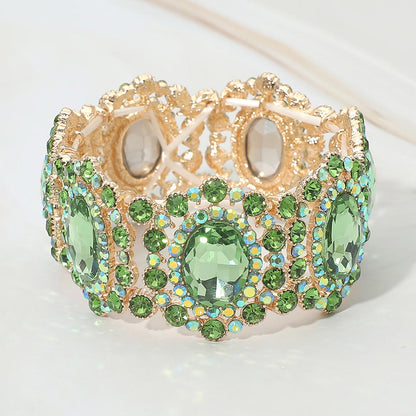 Oval Stone Accented Link Stretch Evening Bracelet - Green & Gold