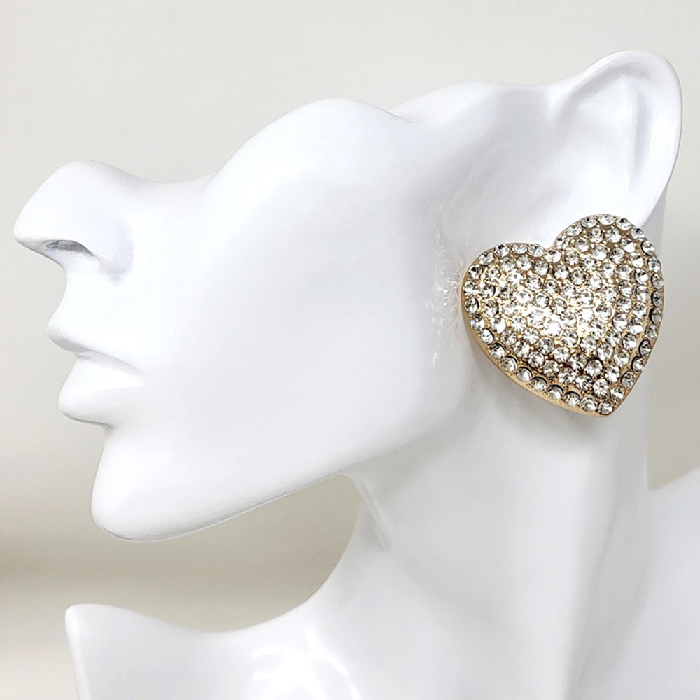 Bold Rhinestone Paved Heart Clip On Earrings - Crystal Clear