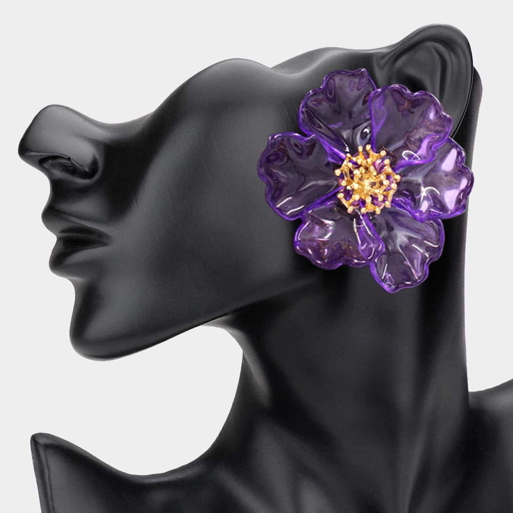 Bold Transparent Resin Floral Statement Earrings - Purple