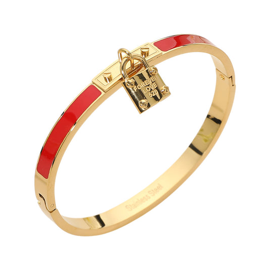 Stainless Steel Lock Charm Enamel Inlay Hinged Bangle Bracelet-Red