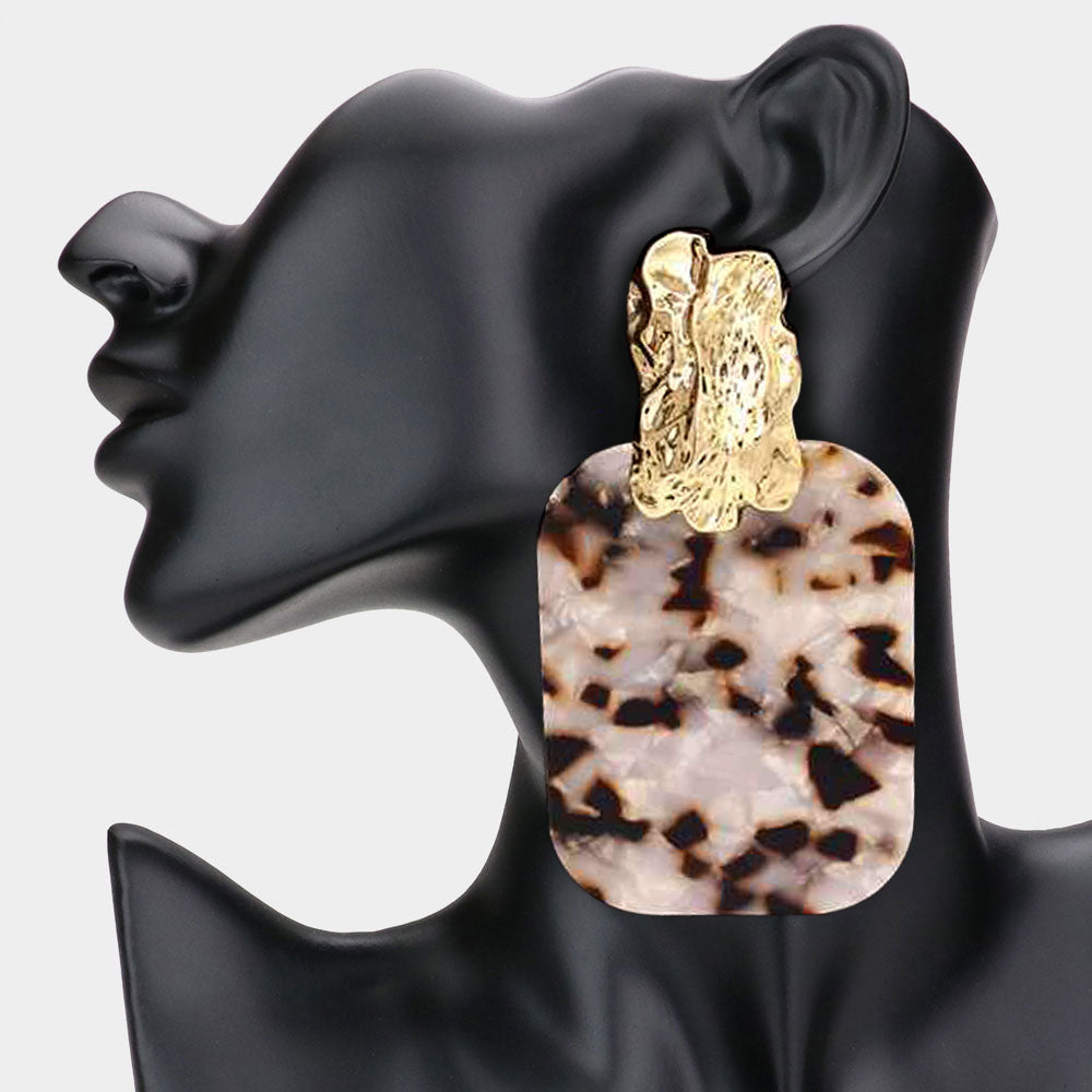 Oversized Patterned Celluloid Acetate Plate Accent Door Knocker Earrings-Brown, Gold & White
