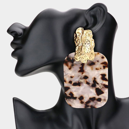 Oversized Patterned Celluloid Acetate Plate Accent Door Knocker Earrings-Brown, Gold & White