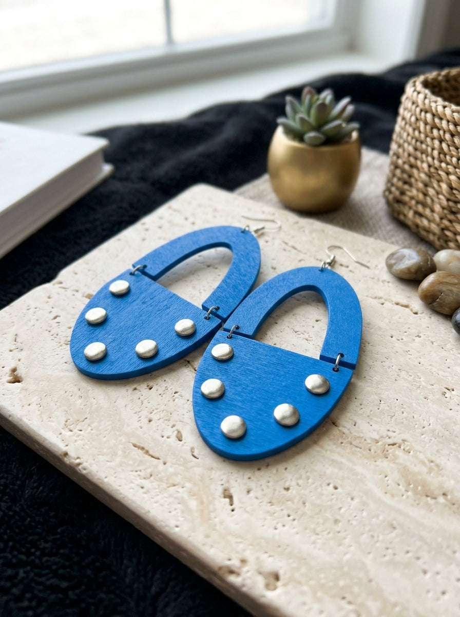 Marysol Geometric Split Arch Wooden Dangle Earrings with Metal Stud Accents-Blue