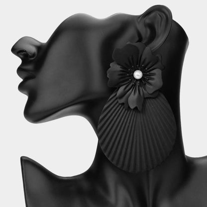 Oversized Pearl Accent Textured Floral Fan Drop Statement Earrings- Black & Pearl