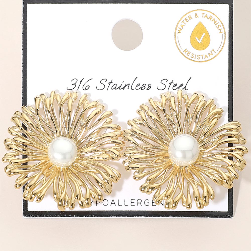 Floral Statement Stud Earrings with Stainless Steel Pearl Center - Gold