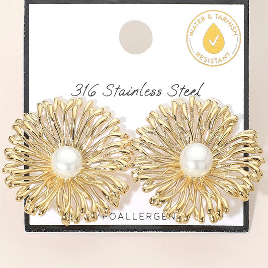 Floral Statement Stud Earrings with Stainless Steel Pearl Center - Gold