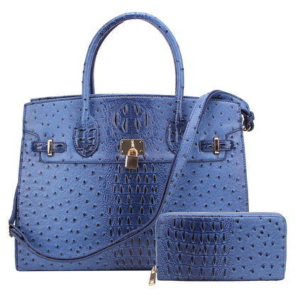 Sophisticated Ostrich Croc Padlock 2-in-1 Satchel Wallet Set - Royal Blue