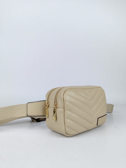 Chevron-pattern Martha Fannie Pack with gold zippers – elegant cross-body women handbags.