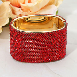 Wide Rhinestone Paved Hinged Evening Bangle Bracelet (Red & Gold)