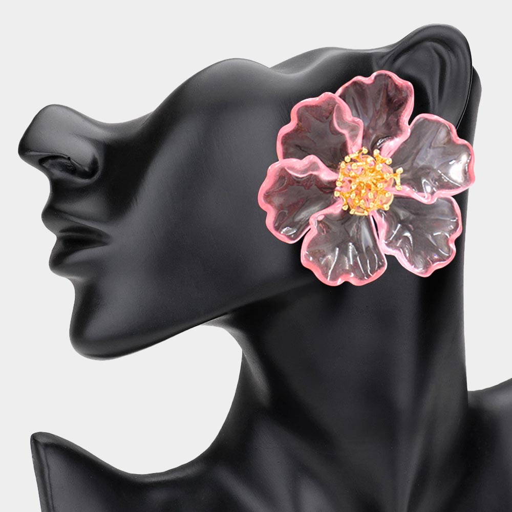 Bold Transparent Resin Floral Statement Earrings - Pink & Gold