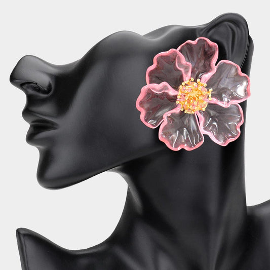 Bold Transparent Resin Floral Statement Earrings - Pink & Gold
