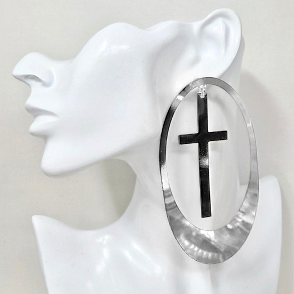 Oversized Cutout Cross Accent Oval Statement Earrings - Silver